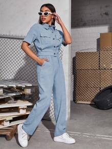 Mulvari Women's Casual Summer Street Style Solid Color Flap Pocket Short Sleeve Shirt And Elastic Waist Pants Set - Blue - View 3