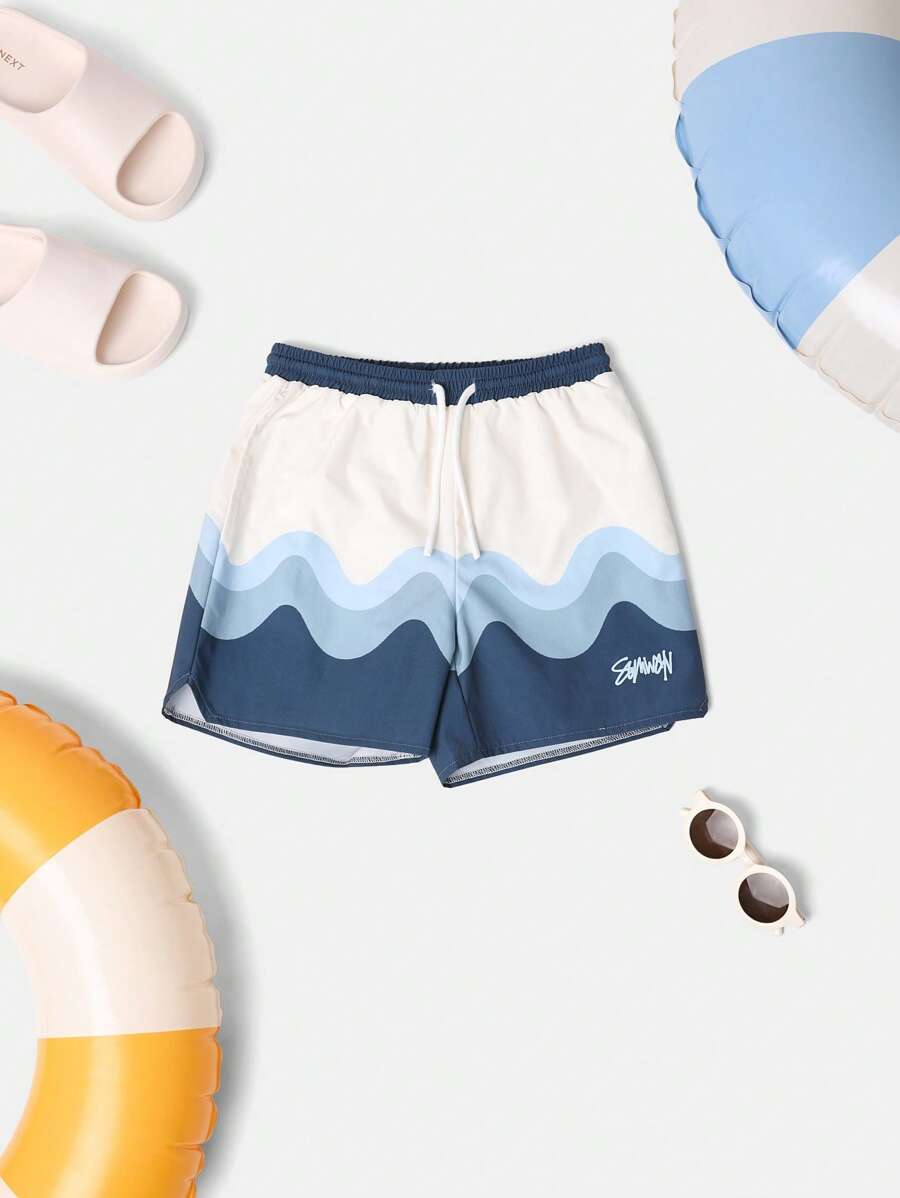 SUMWON Wave Pattern Swim Shorts Beach Board Shorts Summer Swimming Trunks With Side Pockets Sport Performance Net Lining Pull String Waistband Athletic Water Shorts Vacation - Blue - View 1
