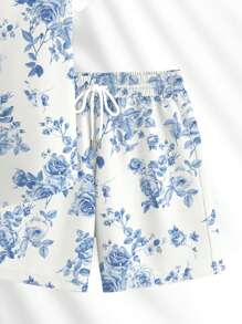 Manfinity RSRT 男士蓝色碎花图案短袖 Polo 衫套装，休闲时尚瓷器印花图案