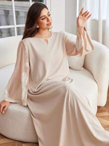 Lacomfia Plus Size Loose Arabic Embroidered Dress - Apricot - View 1