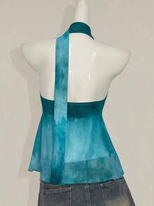 SHEIN ICON Y2k 夏季 V 领西部风外出波西米亚海滩女士嬉皮假日女士夏威夷娃娃装飘逸波西米亚蓝绿色渐变露背印花背心 - 彩色 - 查看 2