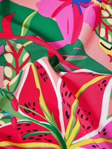 Maweii 大码女式夏季休闲宽松热带花卉印花深 V 领泡泡袖前结短款衬衫