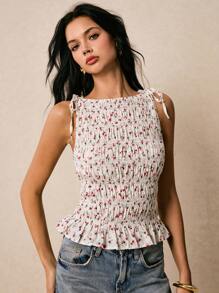 Poéselle Top da donna con scollo alla spalla, cinturino, orlo arricciato e stampa floreale ditsy per la vacanza