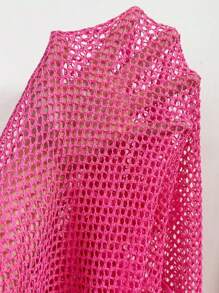 SHEIN Elenzya Beach Vacation U-Neck Hollow Drawstring Long Sleeve Women's Solid Color Crochet Cover-Up - Hot Pink - View 5