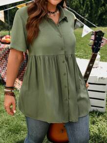 EMERY ROSE Camisa de lino de manga corta con botones, de corte casual y apropiada para vacaciones, con cuello, diseño corto en la parte delantera y largo en la parte trasera, adecuada para primavera/verano, festivales de música country, estilo bohemio, vacaciones, camisas de verano para mujer de talla grande, blusas para salir de talla grande - Verde militar - Ver 6