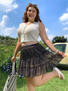Comfortcana Plus Size Summer Ditsy Floral Chiffon Underskirt Design Short Skirt