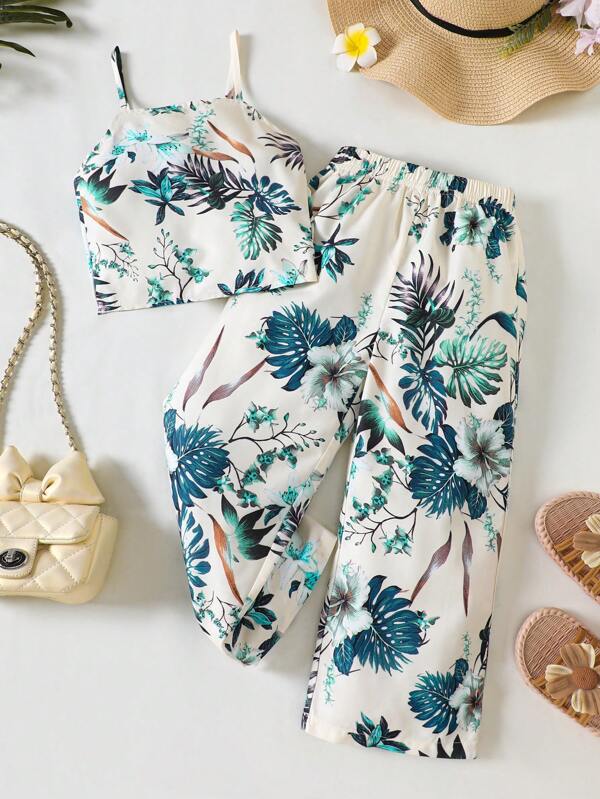 2 Stücke/Set Mädchen Gewebte Digital Bedruckte Träger Top und Weite Bein Gewebte Digital Bedruckte Hose mit Elastischem Bund, geeignet für lässigen Alltag, Ausflüge, Urlaub und Familientreffen im Sommer Mädchen Tropical Set 2 Stücke Urlaubs Outfit Tropical Urlaubs Outfit Sets 2 Stücke Sommer Zwei Stücke Sommer Outfits
