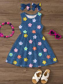 SHEIN Váy dài không tay in hoa nhiều màu dễ thương giản dị cho bé gái, phù hợp cho mùa hè - Cherished Little Joy, Princess Chic, Little Blossoms, Everyday Comfort, Chill Vacation, Korean SS Style, Cool Wear Collection, Vacay Vibes - Nhiều màu - Xem 2