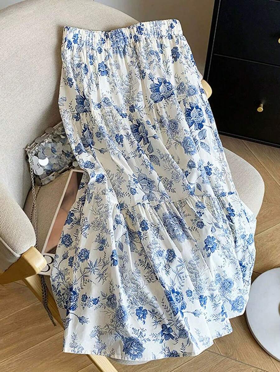 Franclia 女式花卉印花松紧腰百褶裙 - 藍色 - 查看 1