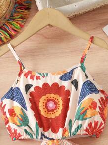 SHEIN Vestido sin mangas con abertura en la cintura y estampado floral para niña en vacaciones de verano