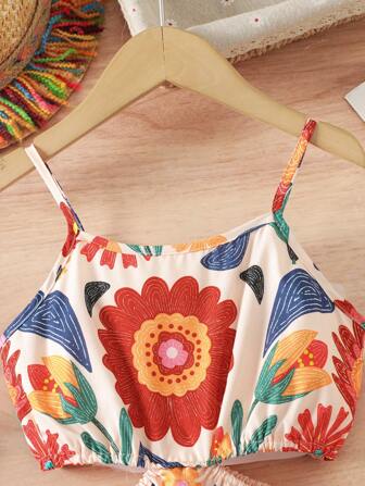 SHEIN 年轻女孩夏季假日花卉印花腰部镂空无袖连衣裙