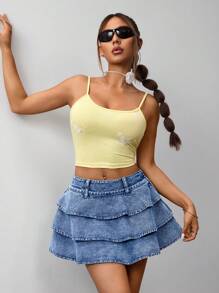 SHEIN ICON Chân váy denim mini thường ngày cho nữ có viền xếp nếp nhiều lớp, mùa hè - Màu xanh lam - Xem 7