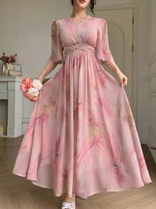 DAZY Abito elegante casual con maniche a campana, scollo a V con strass, vita con laccio incrociato, stampa floreale ditsy, adatto per matrimoni/feste, abiti estivi da donna di media lunghezza - Rosa - Visualizzare 12