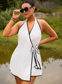 Swim Chiccia 大码女式纯色系带开衫，适合度假和海滩穿着 - 白色 - 查看 5