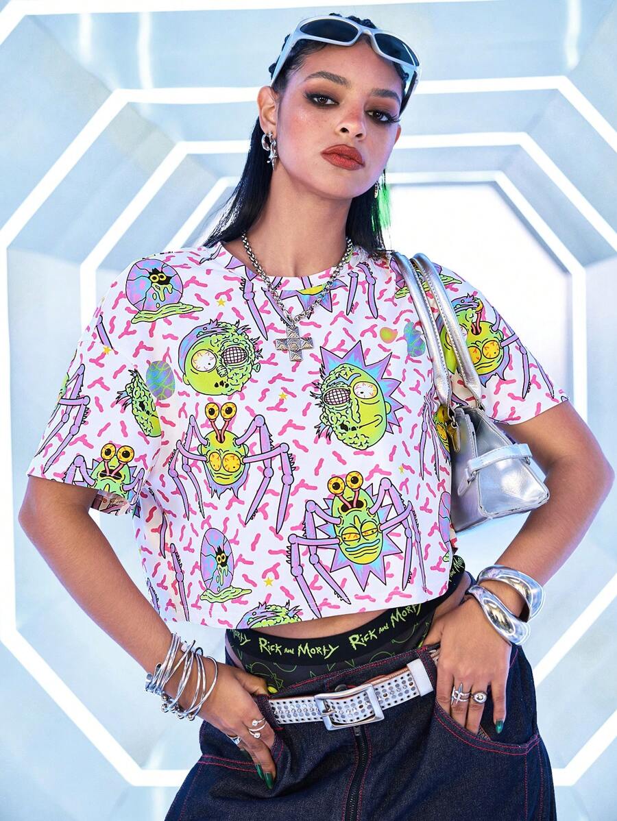Rick and Morty X SHEIN Women's White, Green, Purple Cool Cartoon Pattern Loose Cropped T-Shirt, Casual Versatile Summer Top - Multicolor - View 1