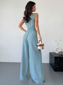 Firerie 新款春季女式卡其色亚麻纹理不对称金属纽扣背心和高腰修身阔腿裤两件套，优雅办公室装 - 薄荷藍 - 查看 2