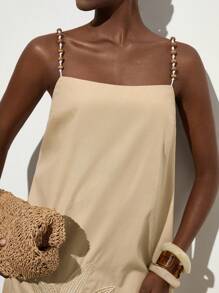 Aveloria Modichic 女士优雅经典米色椰子树刺绣吊带连衣裙，奢华设计，休闲度假装 - 卡其色 - 查看 4