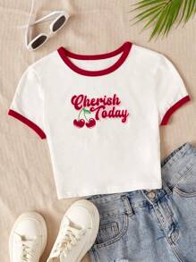 Tween Girls' Casual Fashion Cute Cherry Print Contrast Color Short Sleeve T-Shirt, Spring/Summer