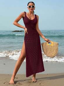 EURMUSE Solid Color Thigh High Slit Hollow Out Crochet Slip Dress Cover Up - Burgundy - View 3