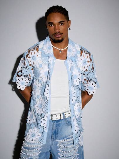 Casual Men's Vacation Hollow-Out Knitted Short Sleeve Top