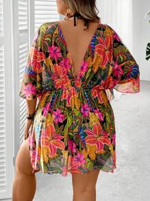 SHEIN CURVE+ Plus Size Women Summer Tropical Floral Print Loose V-Neck Crossed Beach Cover-Up, Swimwear, Casual Vacation Wear, SPF Protection Beach Outfits For Woman/Beach Dress/Beach Vacation Outfits/Beach Essentials / Graduation/Tea Party Dress Summer/Country/Beach Vacation Outfits/Beach Outfits/Beach Wear, Country Concert Outfit - Multicolor - View 2
