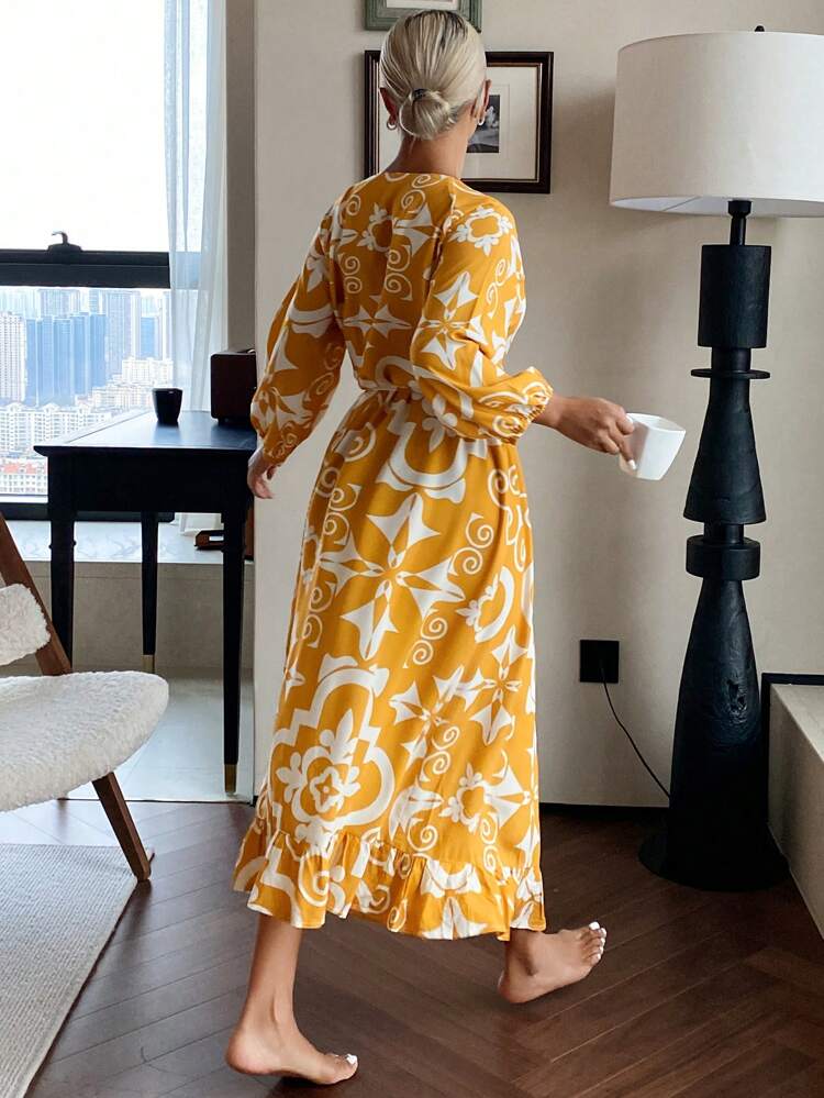 Beach Resort Style Floral Print Lantern Sleeve Wrap Around Women Robe Pajama