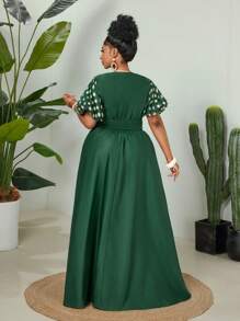 Maweii Vestido largo con escote en V, manga globo y estampado de lunares para mujer talla grande - Verde - Ver 2