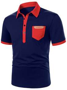 Manfinity Mode Áo thun polo nam cổ tay và cổ tay màu tương phản, cài nút, mùa hè - Màu xanh hải quân - Xem 3