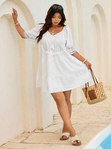 Elaquor 大码夏季休闲浪漫度假流苏装饰撞色系带领口多层荷叶边白色连衣裙