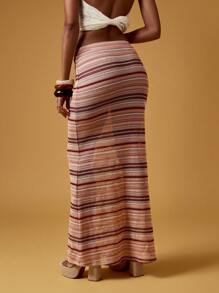 MISSGUIDED Knitted Crochet Maxi Skirt Beach Resort Wear Holiday Fashion Stretch Striped Long Summer Beachwear - Multicolor - View 2