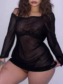 DAZY Sheer Mesh One Shoulder Long Sleeve Lingerie - Black - View 4