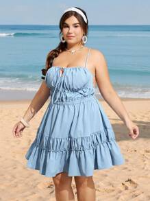 SHEIN MOD Plus Size Ruffled Open Back Dress, Fashionable For Summer - Blue - View 2