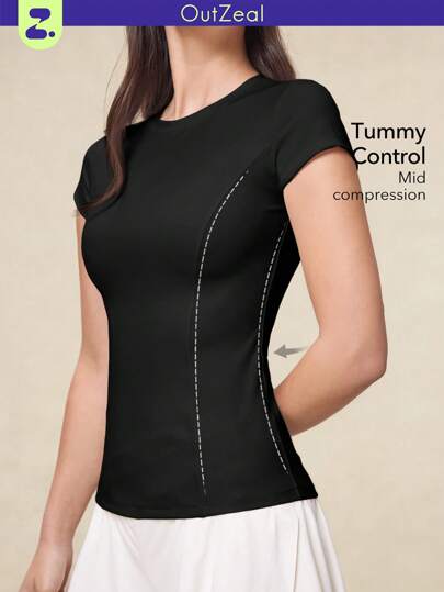 OutZeal Dam Sport Svart Träning Gym Topp Svettavvisande Magkontroll Snabbtorkande Smörig Mjuk Rund Halsad T-shirt med Åtsittande Passform