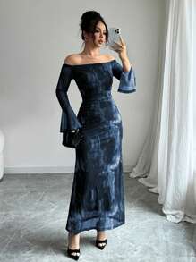 Modelyn 女式露肩喇叭袖扎染时尚网眼印花褶饰美人鱼下摆修身连衣裙 - 彩色 - 查看 3