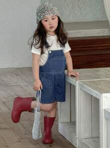 Dazy Kids 年轻女孩休闲水洗韩版可爱做旧宽松牛仔背带裤和连体裤，女孩夏季服装 - 藍色 - 查看 5