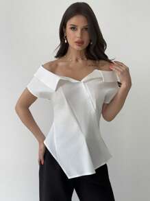 Firerie Women White Off-Shoulder Asymmetrical Hem Short Sleeve Blouse Top, Casual Commuter Shirt, Work, Spring/Summer Apparel, Commute, Elegant, Teacher's Day, Work - White - View 3