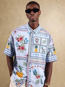 SUMWON Camisa hawaiana de manga corta con botones, de uso casual para vacaciones, playa y verano, con patrón de punto de cruz floral y piña