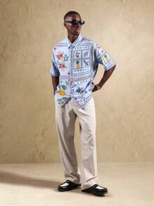 SUMWON Camisa hawaiana de manga corta con botones, de uso casual para vacaciones, playa y verano, con patrón de punto de cruz floral y piña