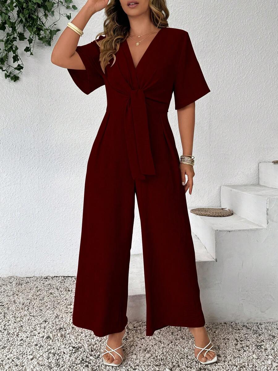 SHEIN Clasi Jumpsuit Kasual Retro Modis dengan Leher V dan Pinggang Terikat - Burgundy - View 1