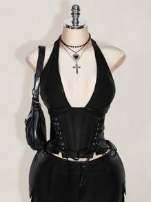 SHEIN ICON 大码女式纯色简约休闲 PU 皮革露背领扣眼装饰系带背心 Y2K 外出酒红色 V 领露肩上衣 - 黑色 - 查看 1