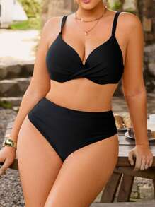 Swim Chiccia Bộ đồ bơi 2 mảnh cỡ lớn cho nữ, dây đeo có thể điều chỉnh màu trơn có gọng - màu đen - Xem 7