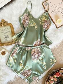 LuxeNights 2pcs Women Sexy Deep-V Print Camisole And Shorts Set, Elegant Satin Outfit, Suitable For All Seasons