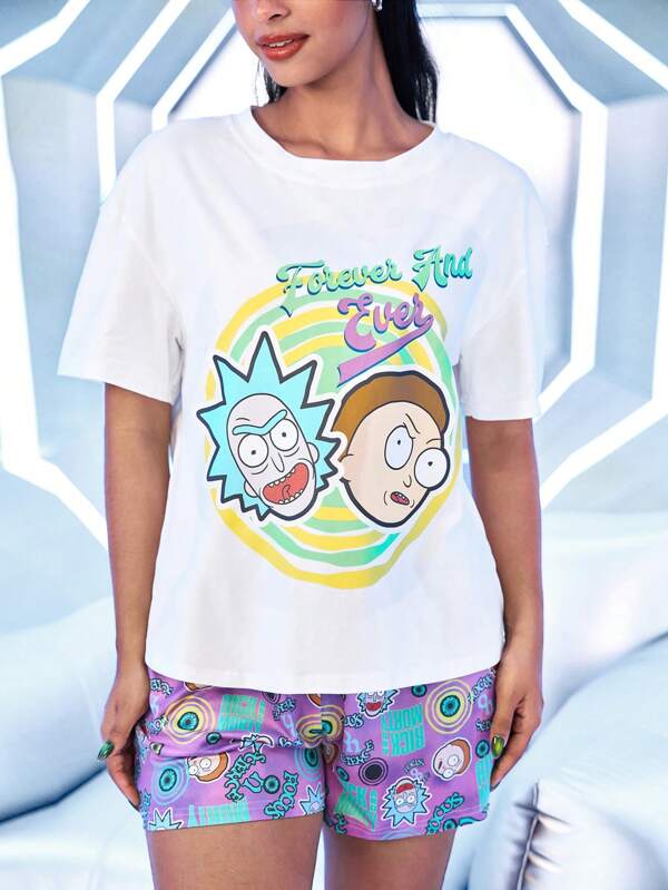 Rick and Morty X SHEIN Conjunto de camiseta de manga corta con cuello redondo y estampado de dibujos animados, y shorts, conjunto de verano