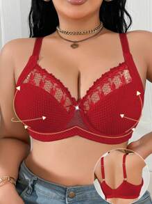 SHEIN 1 件大码女士网眼刺绣拼布钢圈文胸，提升型 - 紅色 - 查看 3