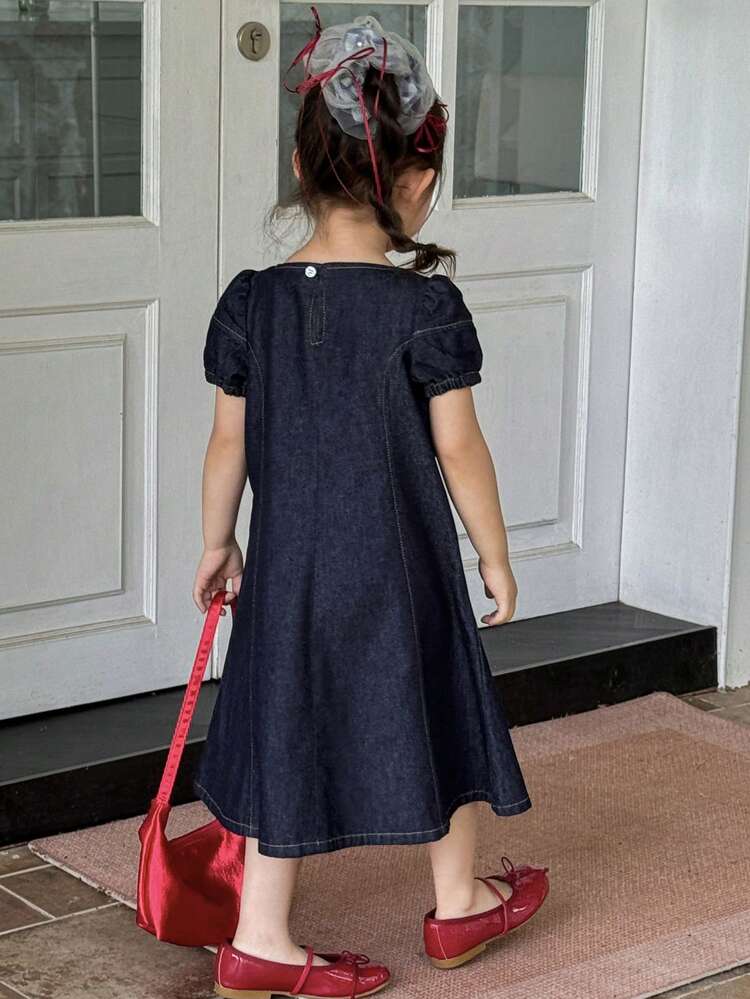 Young Girl Casual Korean-Style Puff Sleeve Loose A-Line Washed Denim Dress, Girls Summer Outfits
