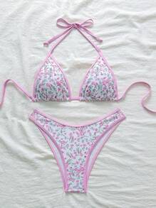 Swim Mod Women's Ditsy Floral Printed Pink Bikini Set For Summer Beach Vacation - Purple - View 5