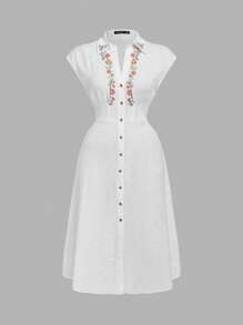 SHEIN MOD Plus Size Women White Summer 1920s Flapper Bachelorette Party Tea Party Embroidered Collar Front Button Down Long Vintage Jacquard Rose Holiday Dress - Beige - View 1