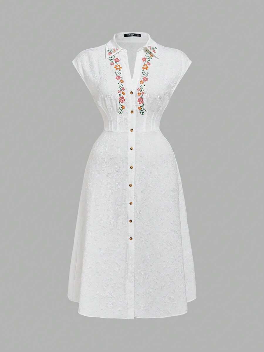 SHEIN MOD Plus Size Women White Summer 1920s Flapper Bachelorette Party Tea Party Embroidered Collar Front Button Down Long Vintage Jacquard Rose Holiday Dress - Beige - View 1