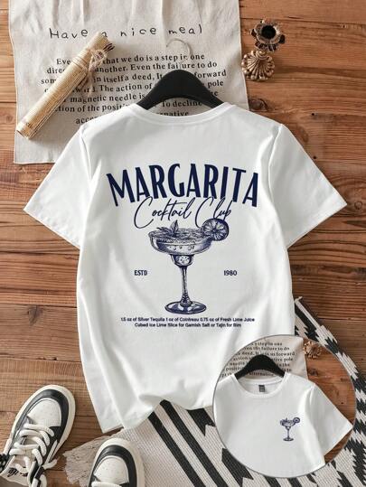 Attitoon Casual Crew Neck Short Sleeve Fitted Women's T-Shirt, Cocktail Print, Suitable For Summer Suitable For Going Out