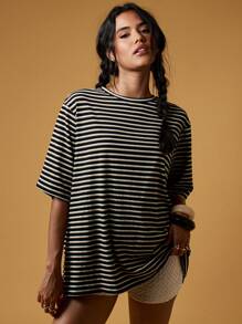 MISSGUIDED Oversized gestreiftes T-Shirt, Basic Lässig Loose Fit, Rippstoff, Streetwear Essentiell, Herbst Winter Frühling Kollektion - Verschiedenfarbig - Übersicht 5